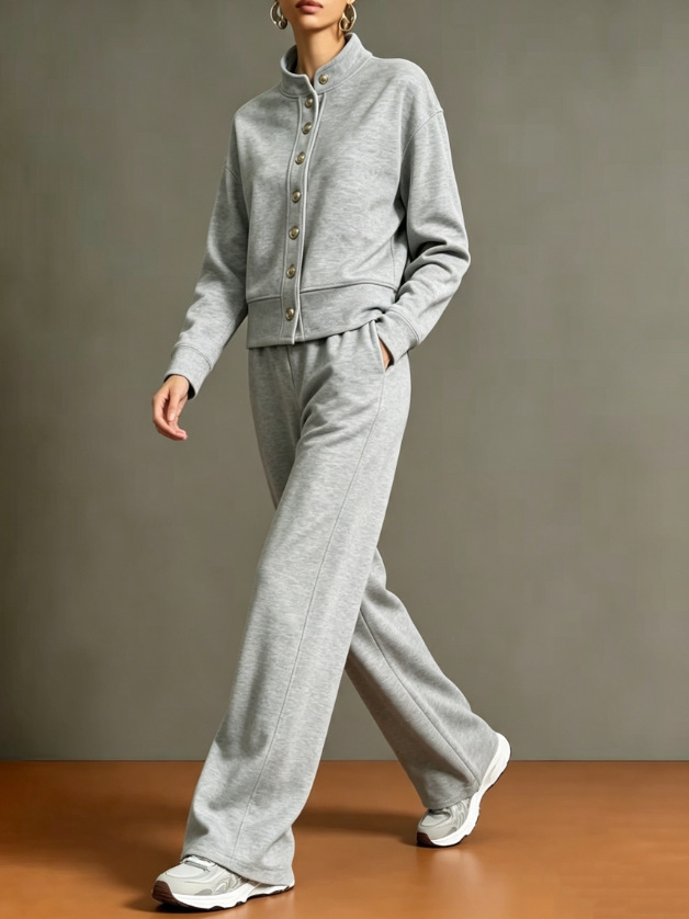 Women's Solid Color Stand Collar Cardigan Hoodie & Wide-Leg Pants Set