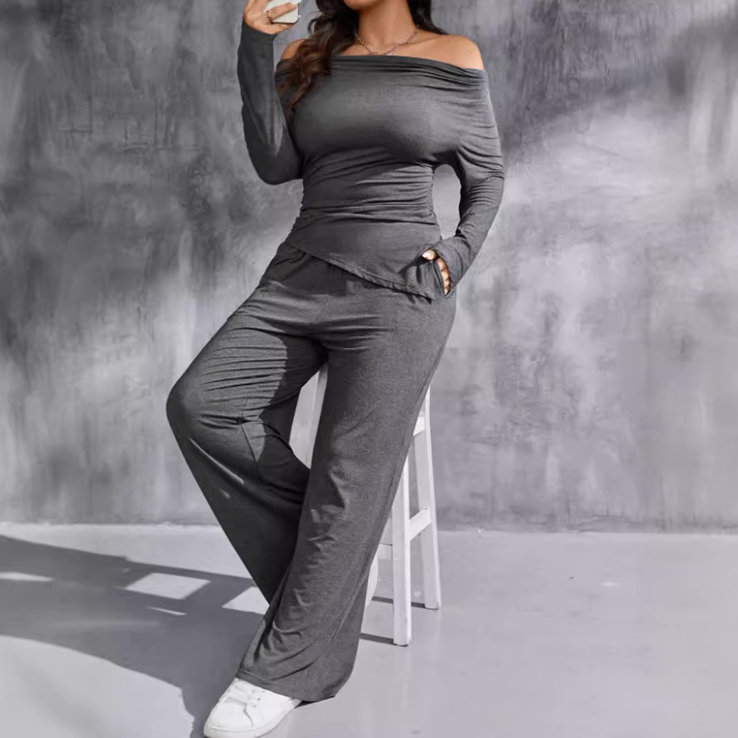Off-Shoulder Ruched Top & Wide-Leg Pants Set Dark Gray