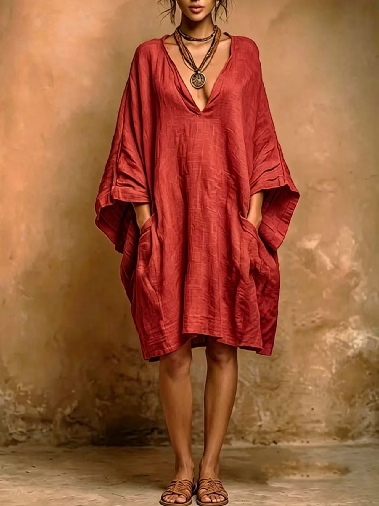 Women's Cotton-Linen Blend Batwing Sleeve Loose Midi Dress with Pockets