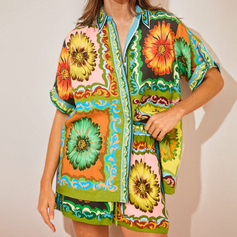 Women's Printed Short Sleeve Shirt and Shorts Two-Piece Set