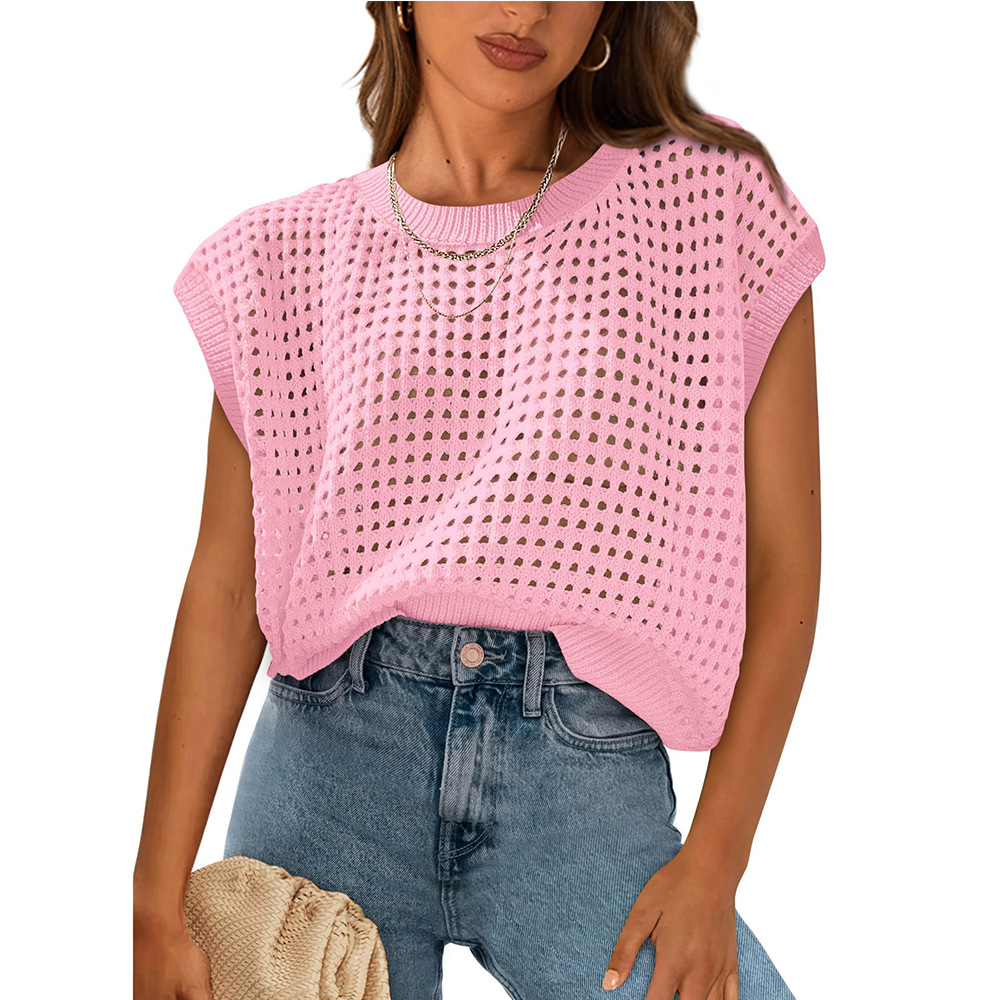 Women's Round Neck Hollow Out Knit Sun Protection Cover-Up