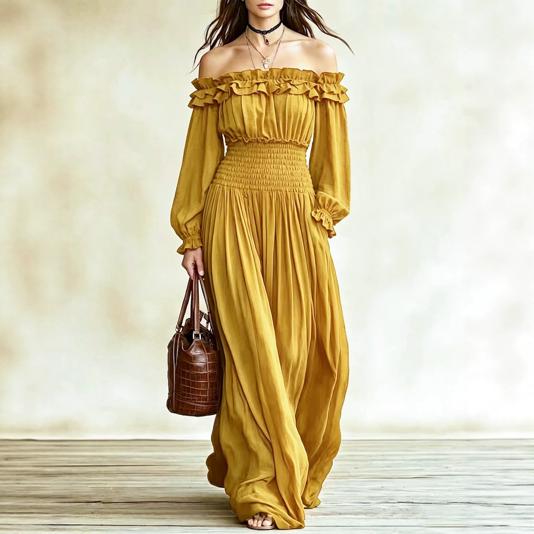 Women's Off-Shoulder Ruffle Long Sleeve Waist-Cinching Midi Dress