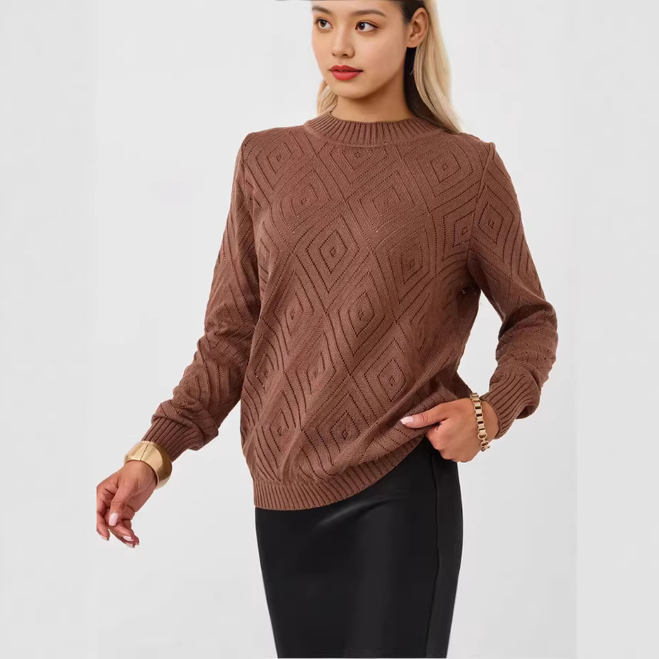 Women's Openwork Diamond Crewneck Long-Sleeve Pullover Sweater