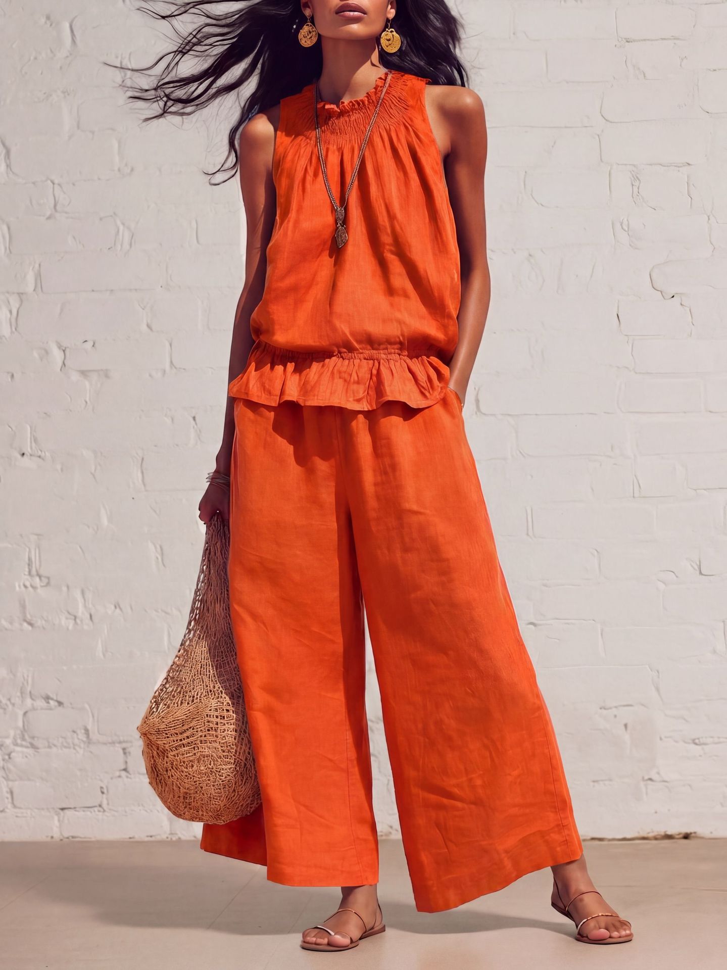 Women's Boho Ruffle Two-Piece Set Sleeveless Shirt and Wide-Leg Pants