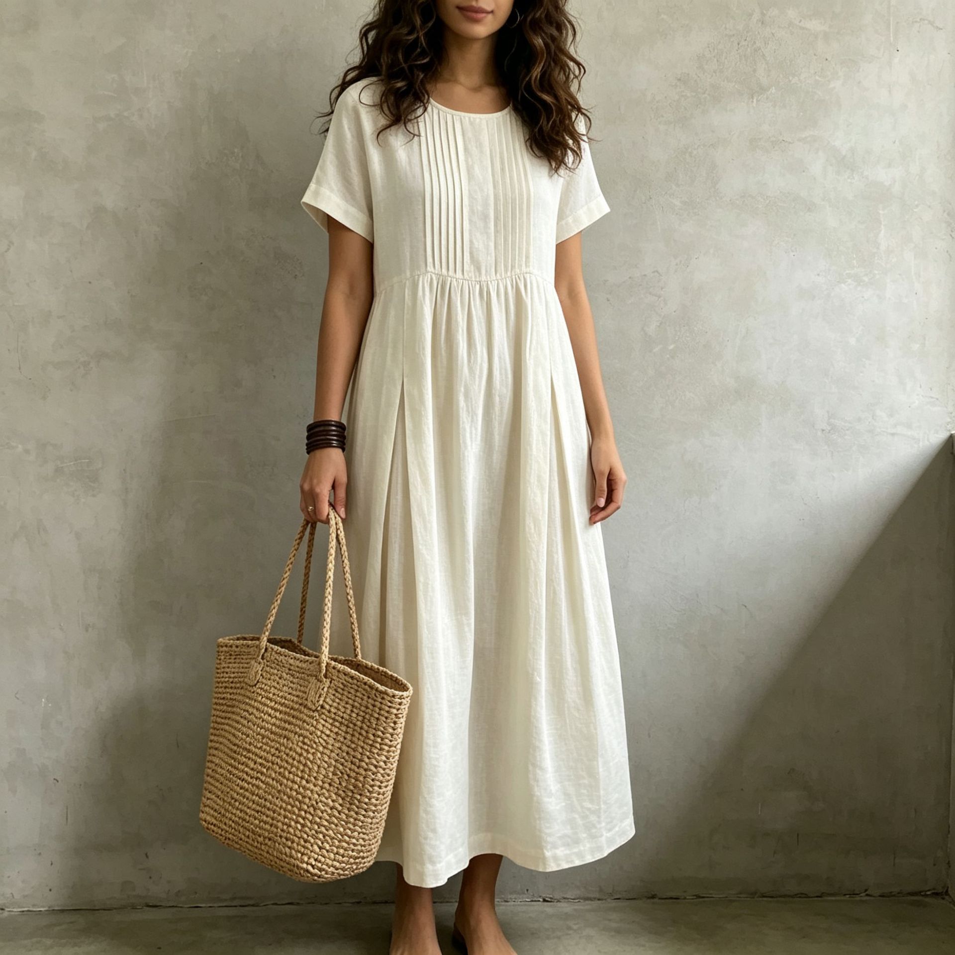 Women's Cotton Linen Short Sleeve Midi Dress Pleated Loose Solid Color