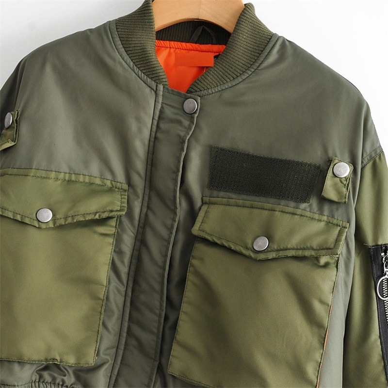 Army Green Cropped Bomber Jacket Padded Cotton Coat Long Sleeve