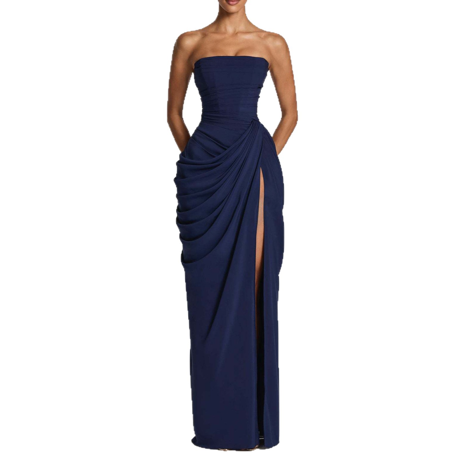Elegant Solid Strapless High-Slit Long Dress