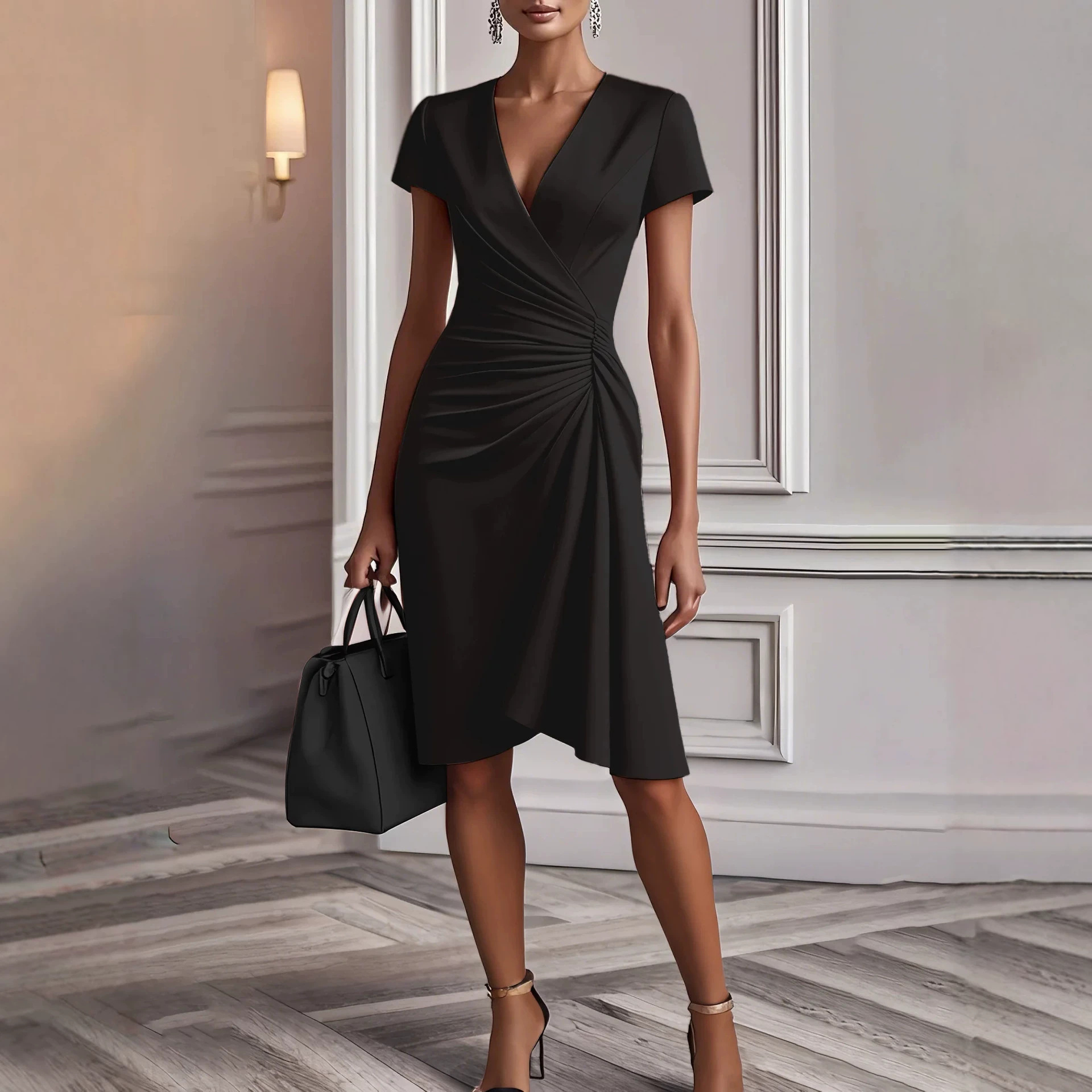 Women's Cross V-Neck Waist-Defined Solid Short Sleeve Dress