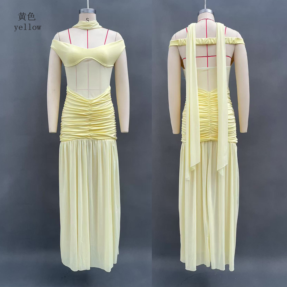 Women's Strapless Mesh Panel Ruched Slit Long Dress