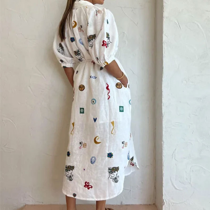 Women's Summer Floral Print Tie-Front Puff Sleeve Shirt Dress Long A-Line Dress