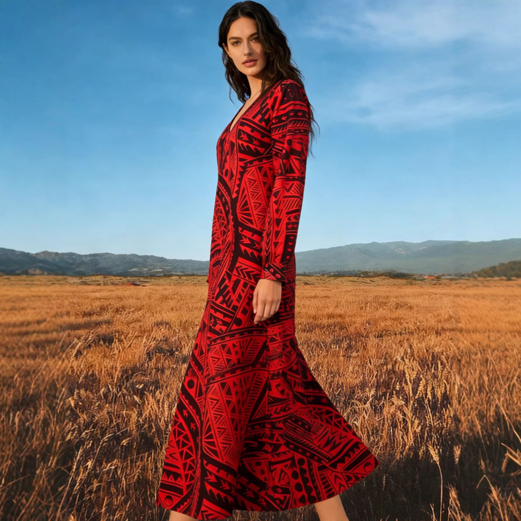 Women's Long Sleeve V-Neck Loose Bohemian Floral Print Maxi Dress
