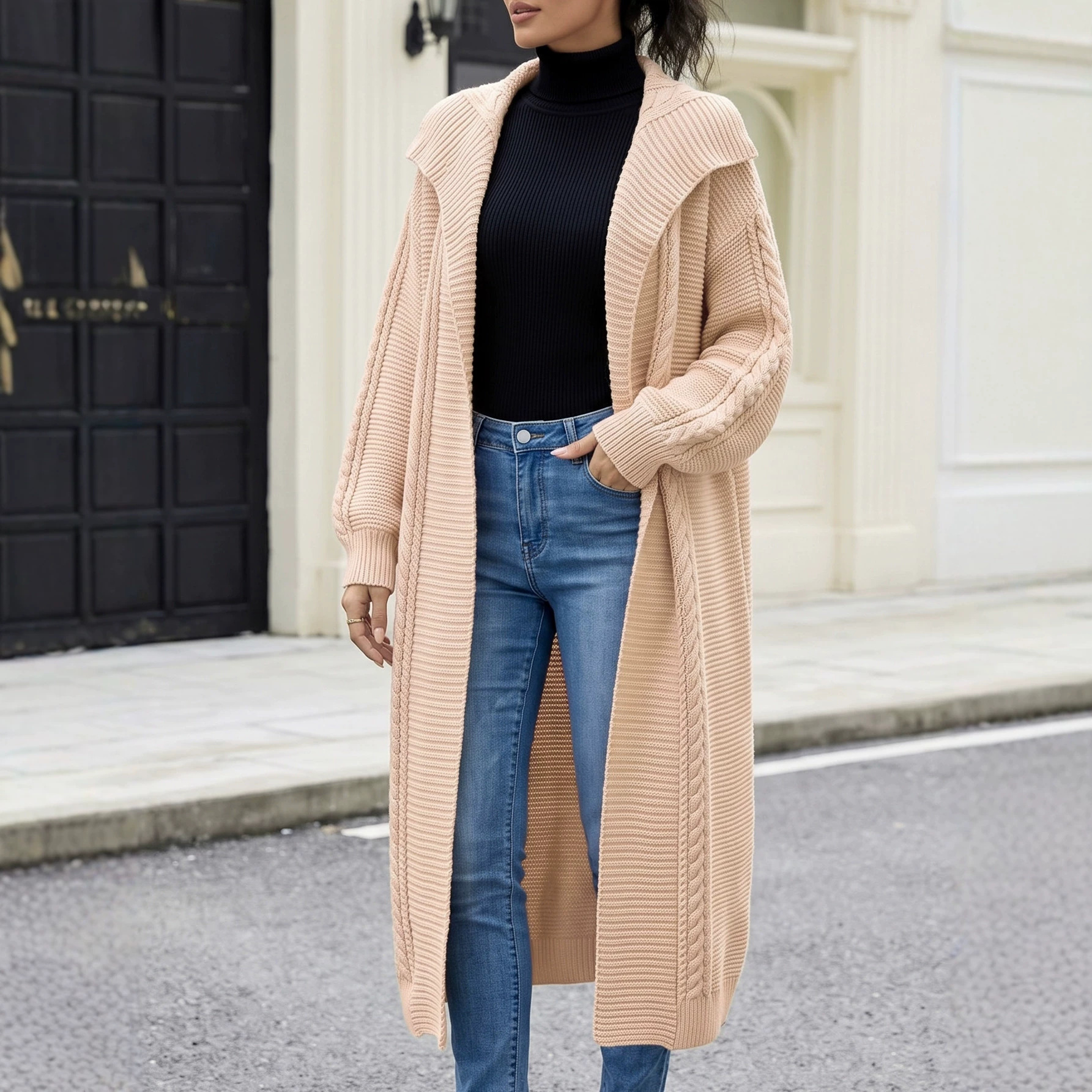 Cable-Knit Long Cardigan with Lapel Collar, Loose Fit
