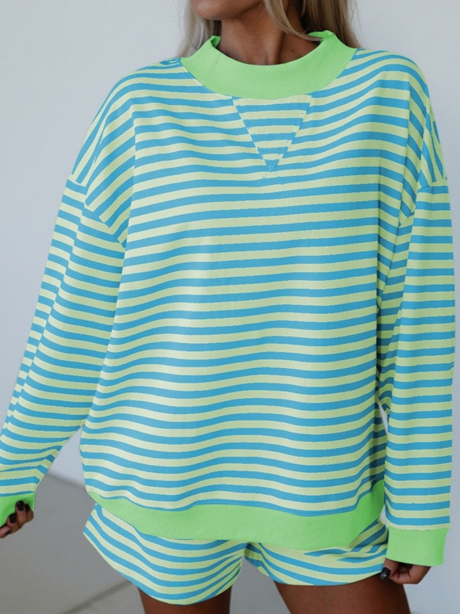 Striped Print Long-Sleeve Top and Shorts Two-Piece Lounge Set