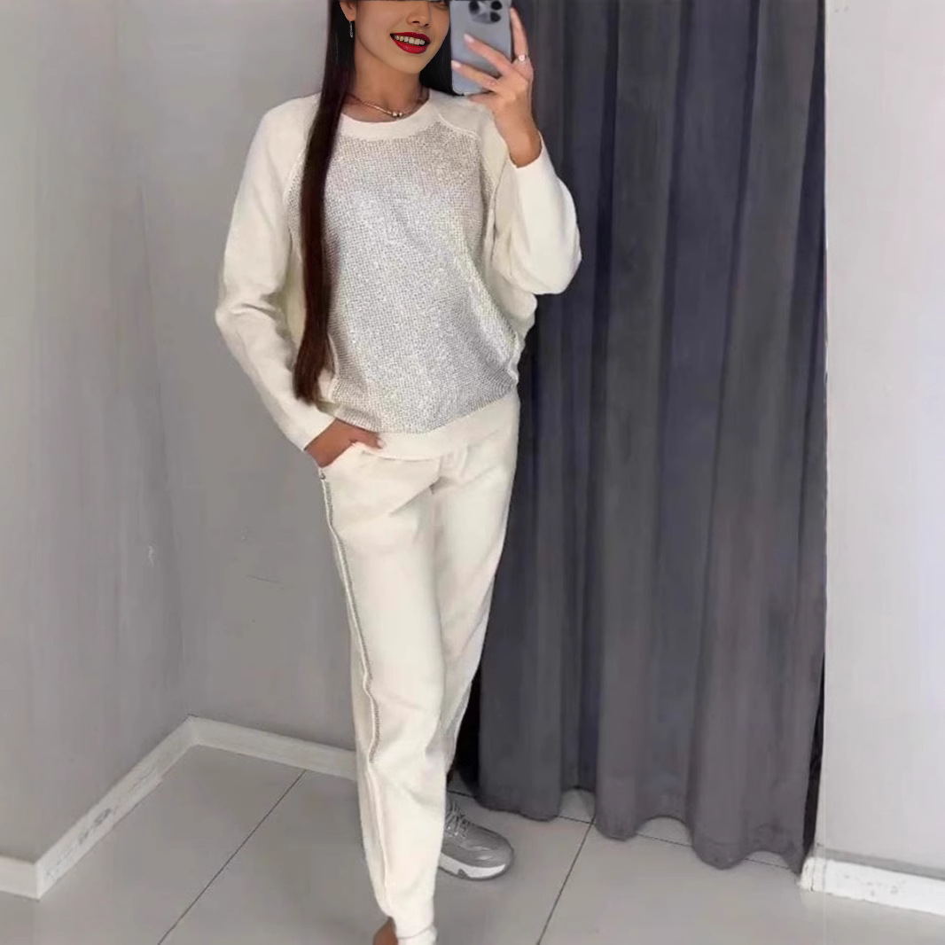 Women's Casual Round Neck Rhinestone Pocket Two-Piece Set