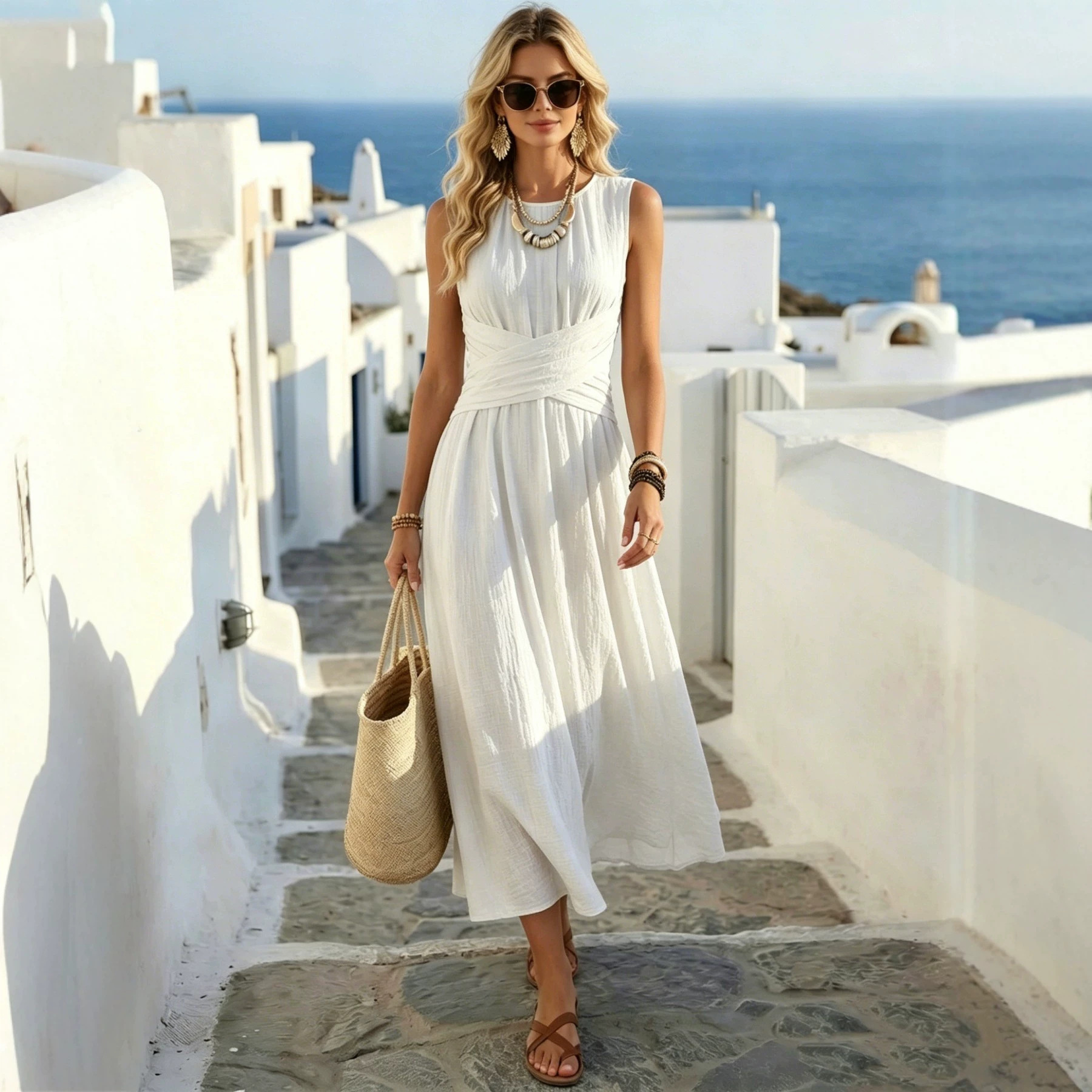 Women's Sleeveless Cross-Waist Maxi Dress A-Line High Waist Elegant Vacation