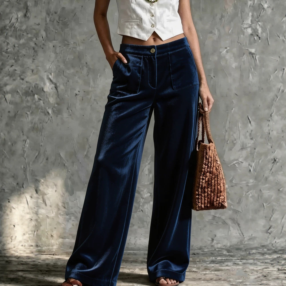 Women's Velvet High-Waist Straight-Leg Pants with Pockets