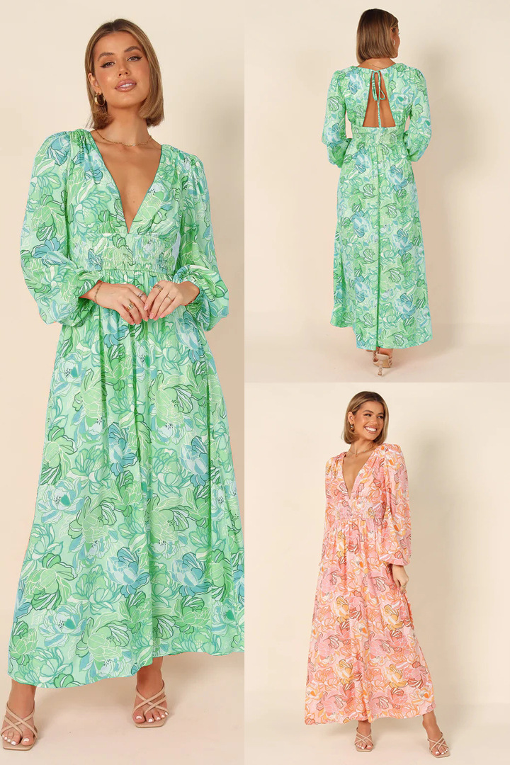 Floral Print Open Back Tie Deep V Long Sleeve Maxi Dress