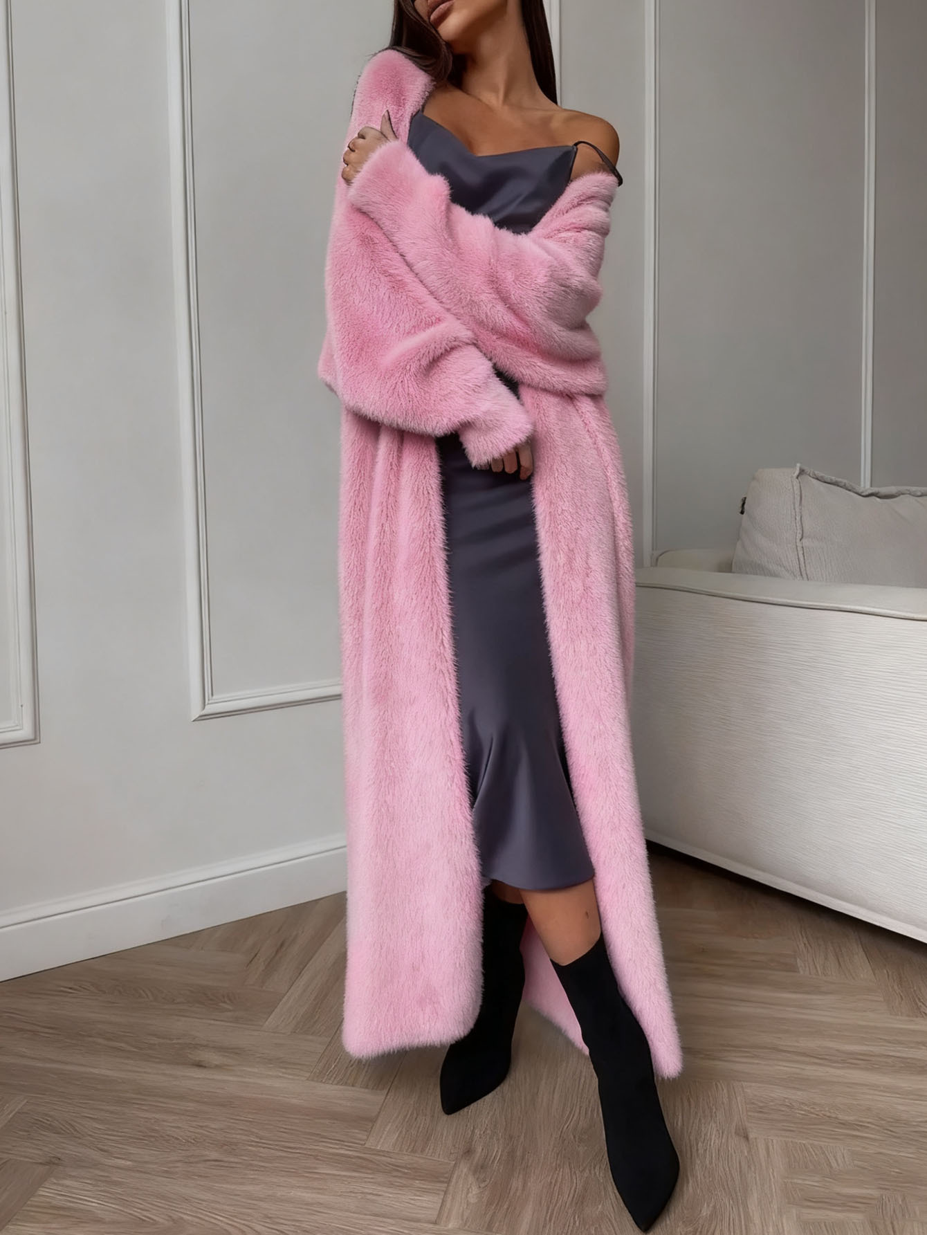 Faux Mink Fuzzy Knit Cardigan Coat Women's Loose Long Lantern Sleeve