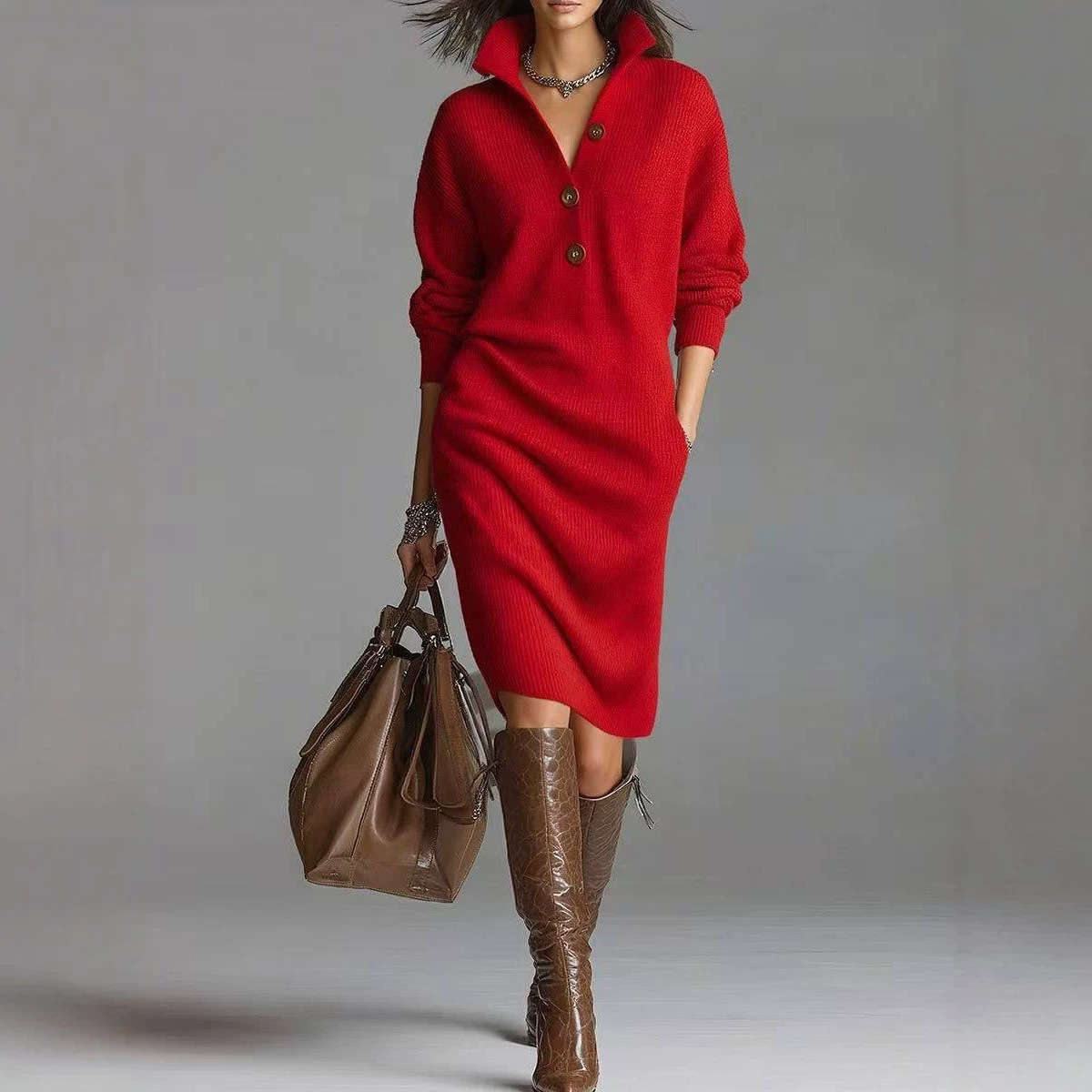 Women's Oversized Long Knit Sweater Dress Solid Color