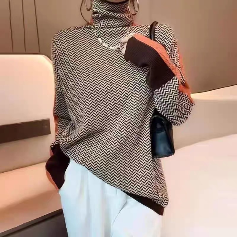 Women's Cozy High-Neck Color-Block Faux Wool Knit Sweater