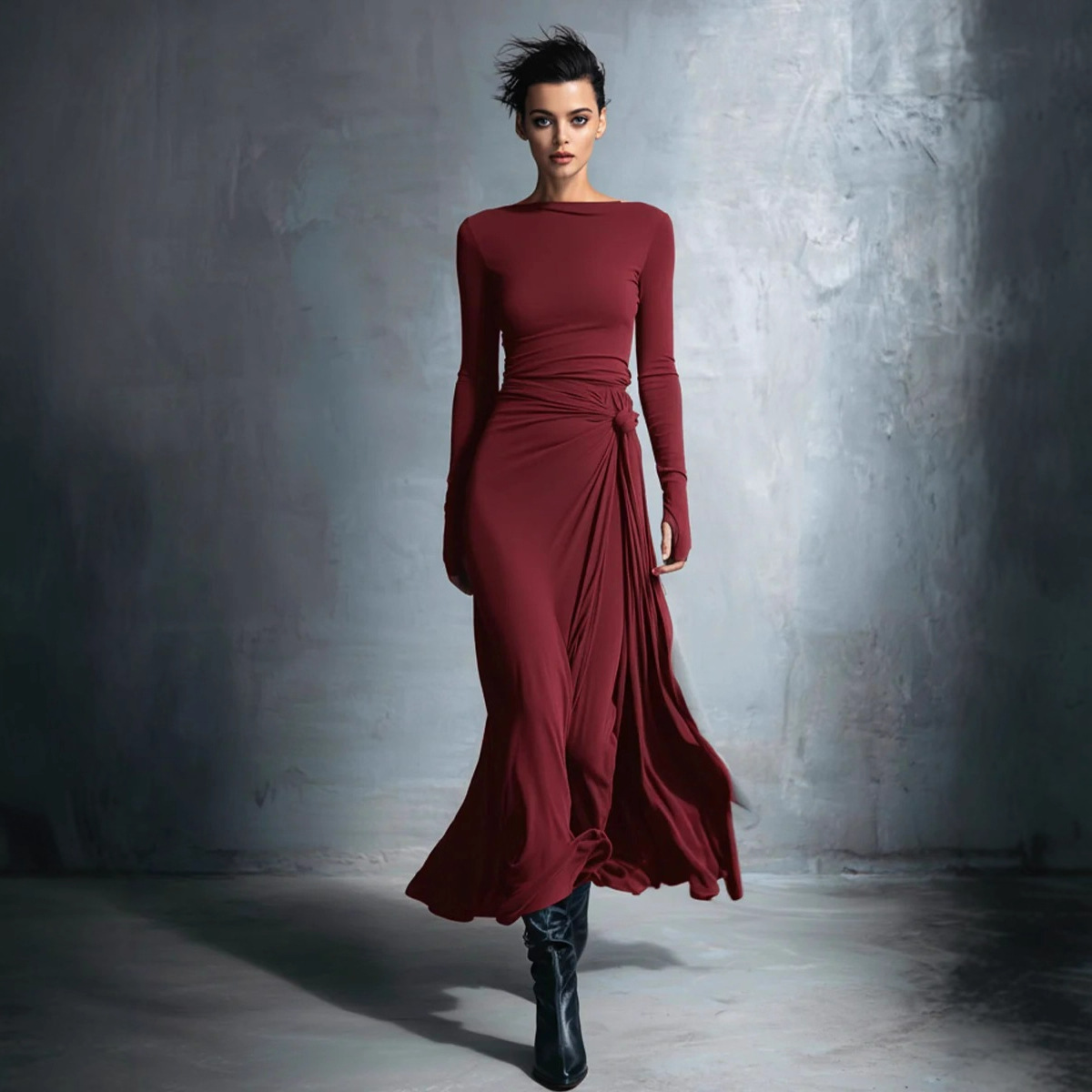 Off-Shoulder Twist Waist Bodycon A-Line Long Dress