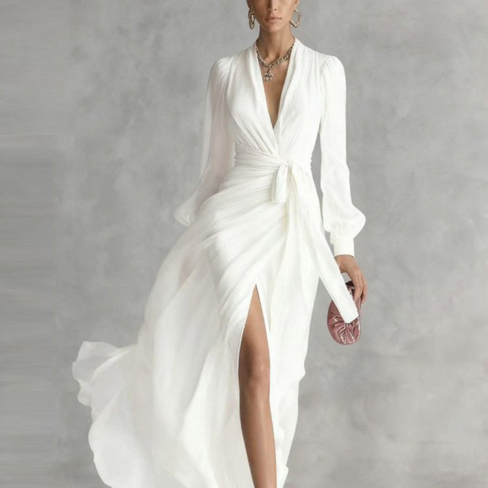 V-Neck Solid Color Waist-Cinched Long Sleeve High Slit Flowy Chiffon Dress