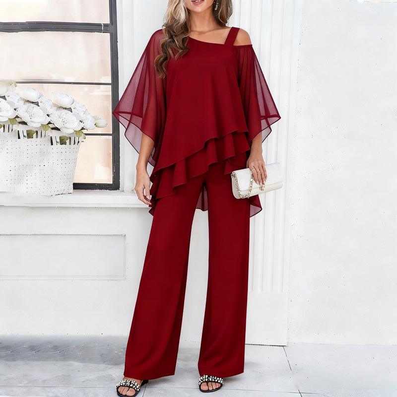Women's Chiffon Top and Wide-Leg Pants Two-Piece Set