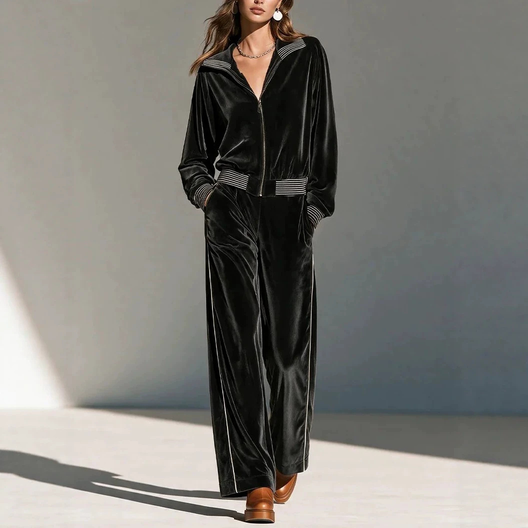Black Velvet Striped Two-Piece Set with Collared Zip Jacket and High-Waist Wide-Leg Pants