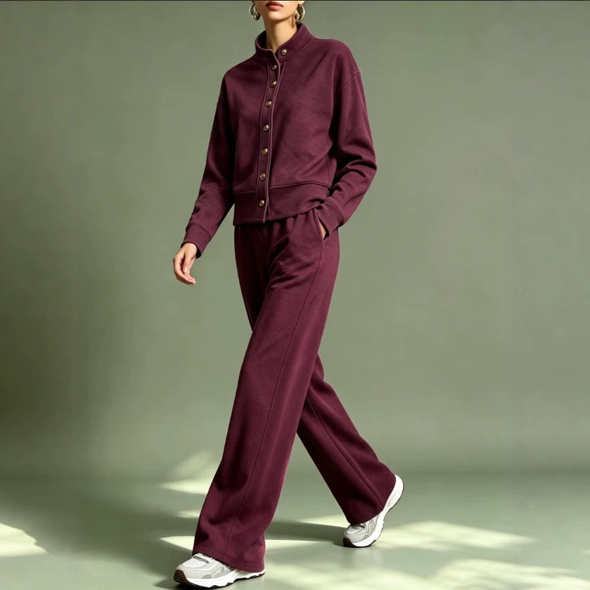 Women's Solid Color Stand Collar Cardigan Hoodie & Wide-Leg Pants Set