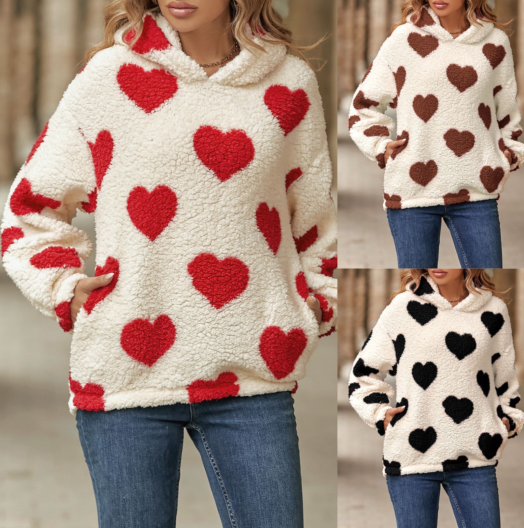 Fleece Hooded Heart Print Pullover Sweatshirt