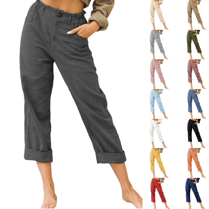 Women's Cotton-Linen High-Waist Straight-Leg Casual Pants