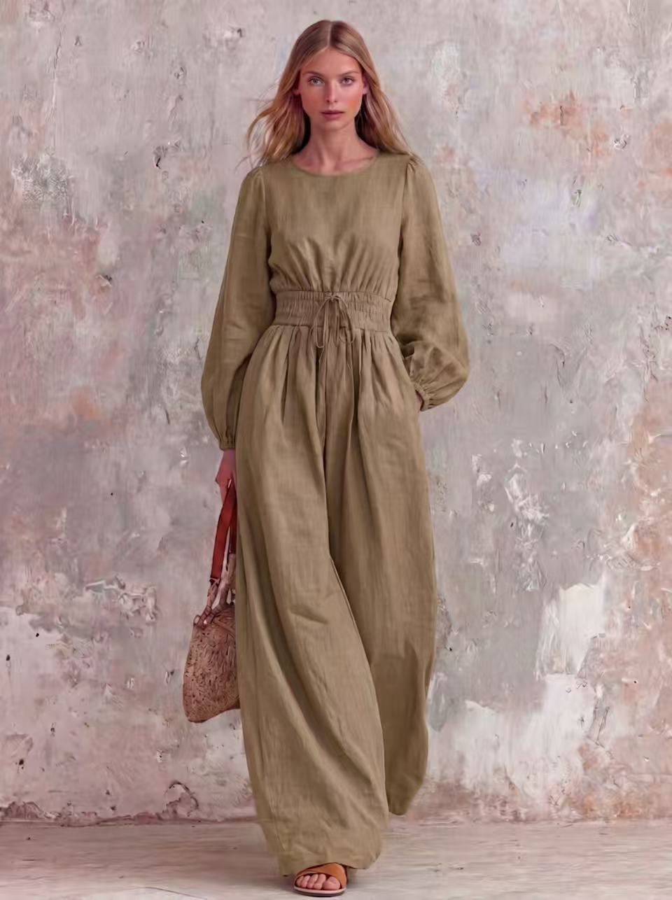 Women's Casual Vintage Solid Color Waist-Defining Smocked Jumpsuit