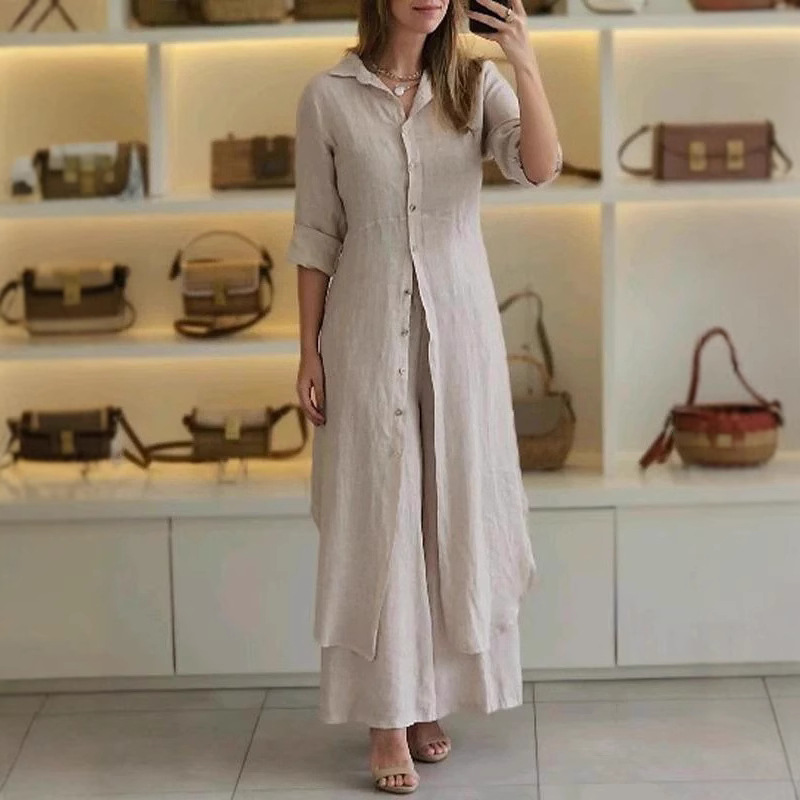 Women's Cotton-Linen Fitted Waist Long-Sleeve Shirt & Wide-Leg Pants Set