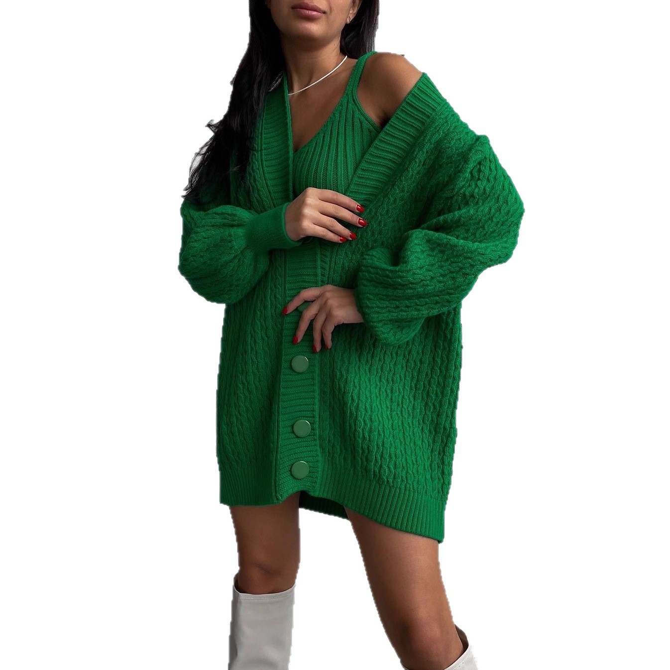 Women's V-Neck Midi Knit Cardigan Sweater Vest Set Puff Sleeve Solid