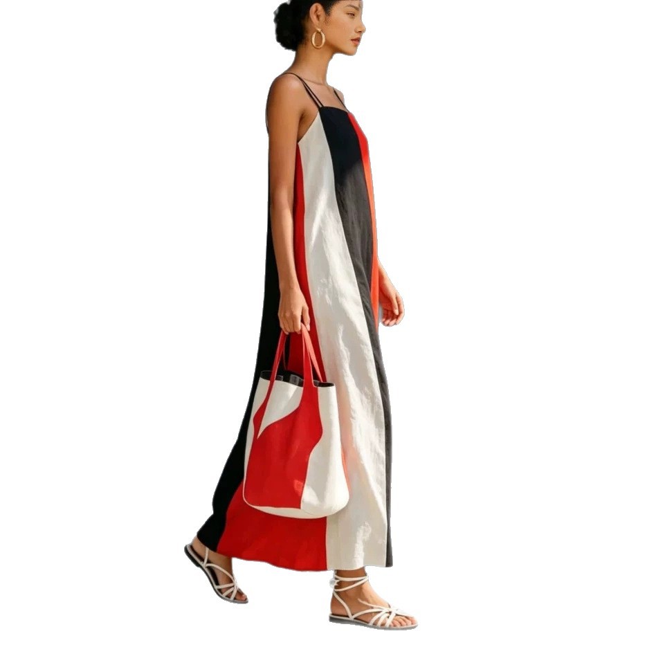 Women's Sleeveless Spaghetti Strap Dress Casual Vacation Color Block Long Dress