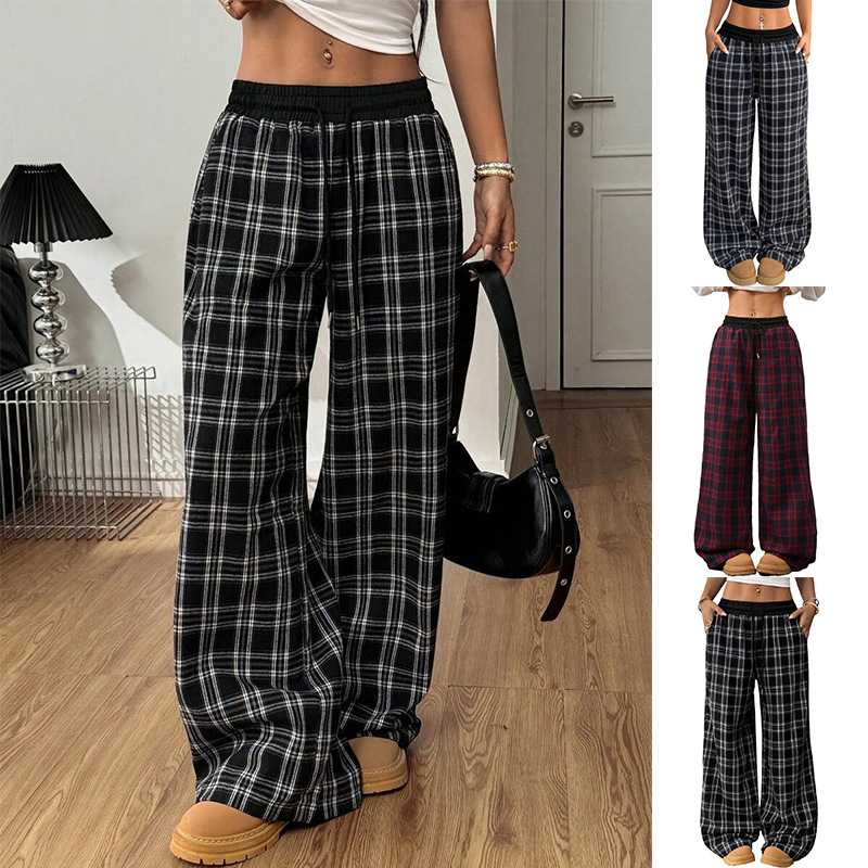 Retro Plaid Wide-Leg Lounge Pants High-Waist Color-Block Casual