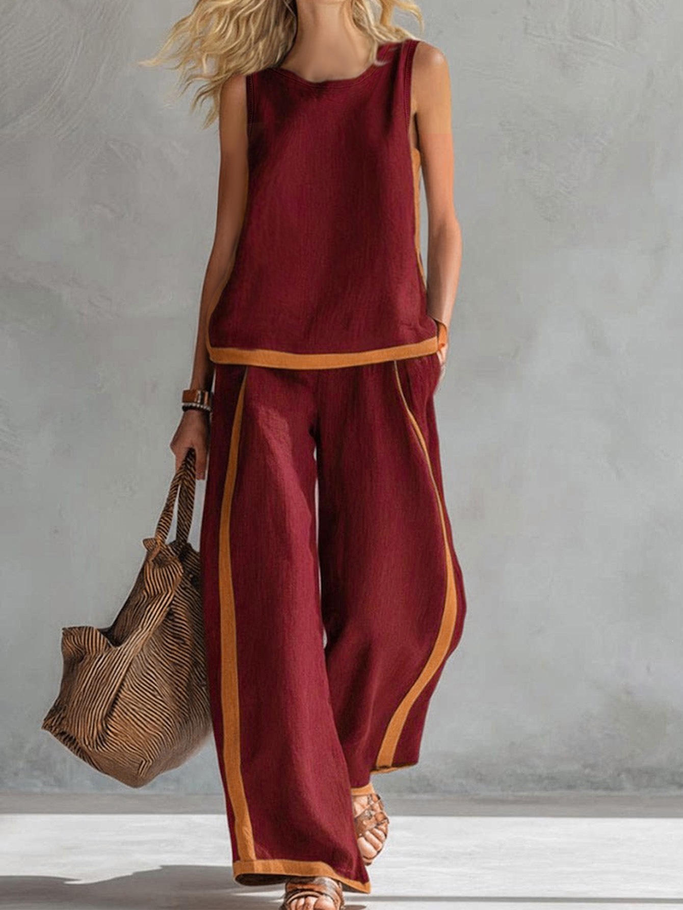 Sleeveless Colorblock Wide-Leg Pants Set Women's Summer Casual Two-Piece