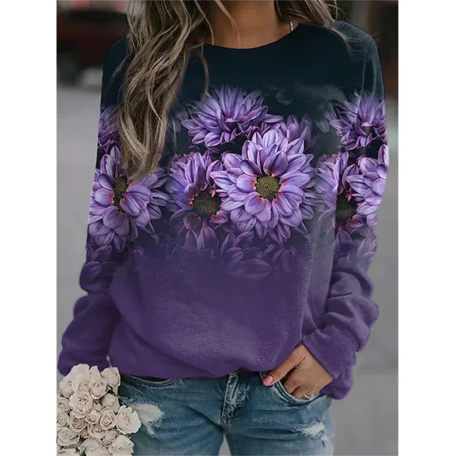 Women's Floral Butterfly Print Crewneck Sweatshirt
