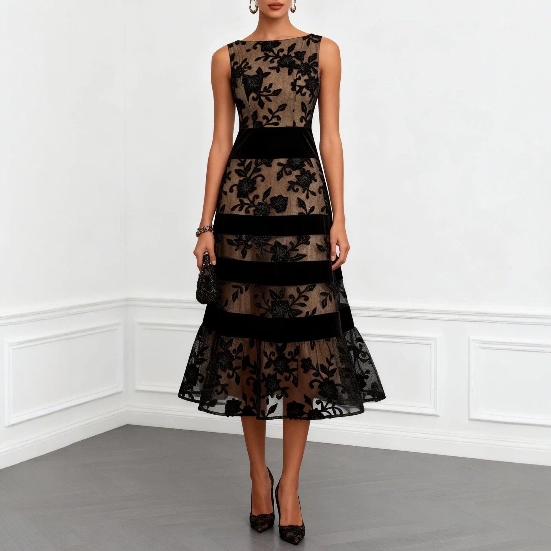 Black Mesh Flocked Jacquard Paneled Bodycon Dress