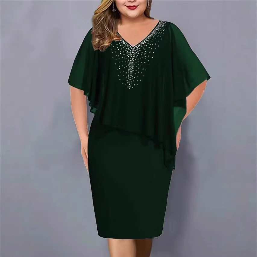 V-Neck Rhinestone Mesh Cape A-Line Midi Dress