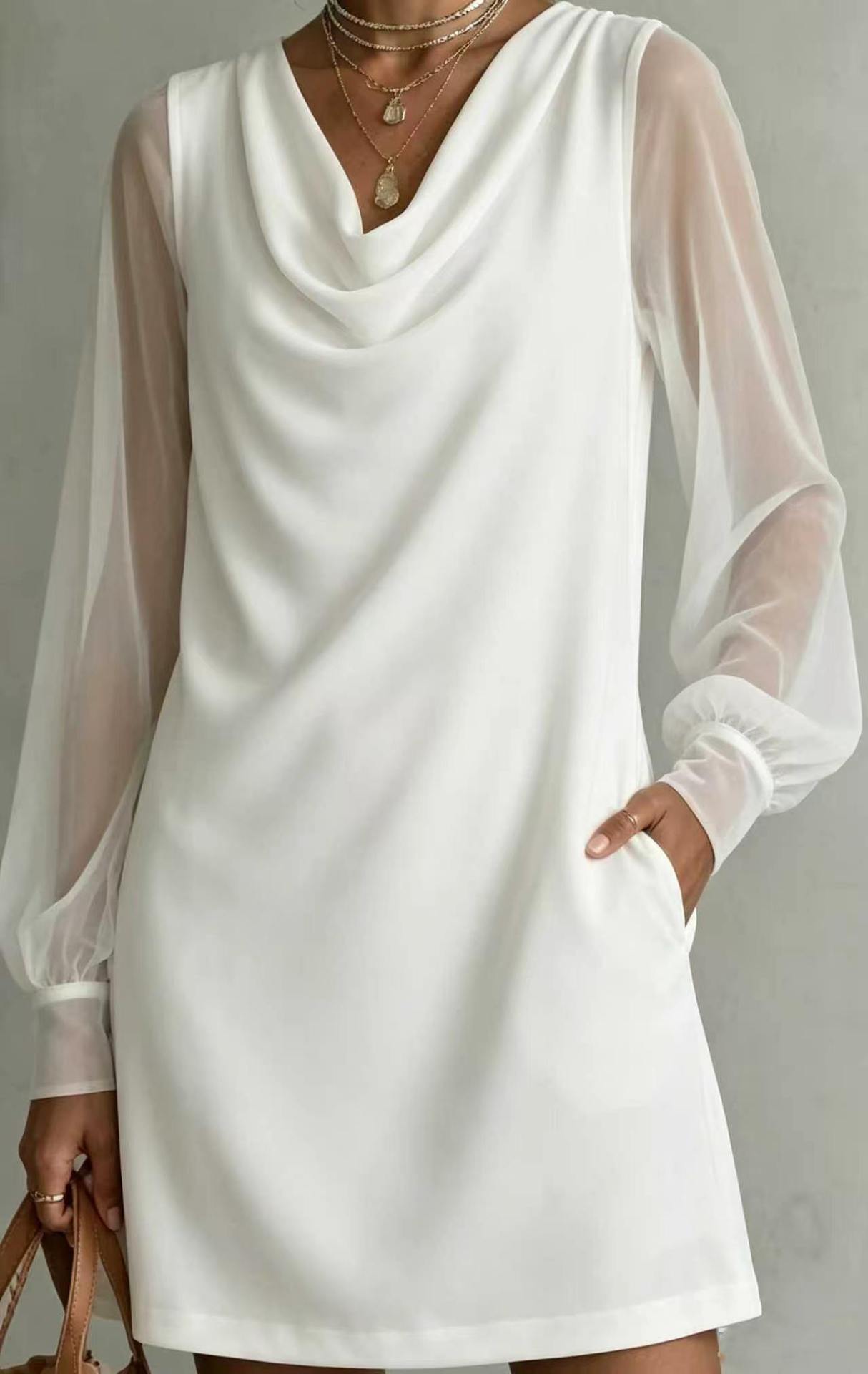 Women's Cowl Neck Sheer Mesh Long Sleeve Dress with Pockets