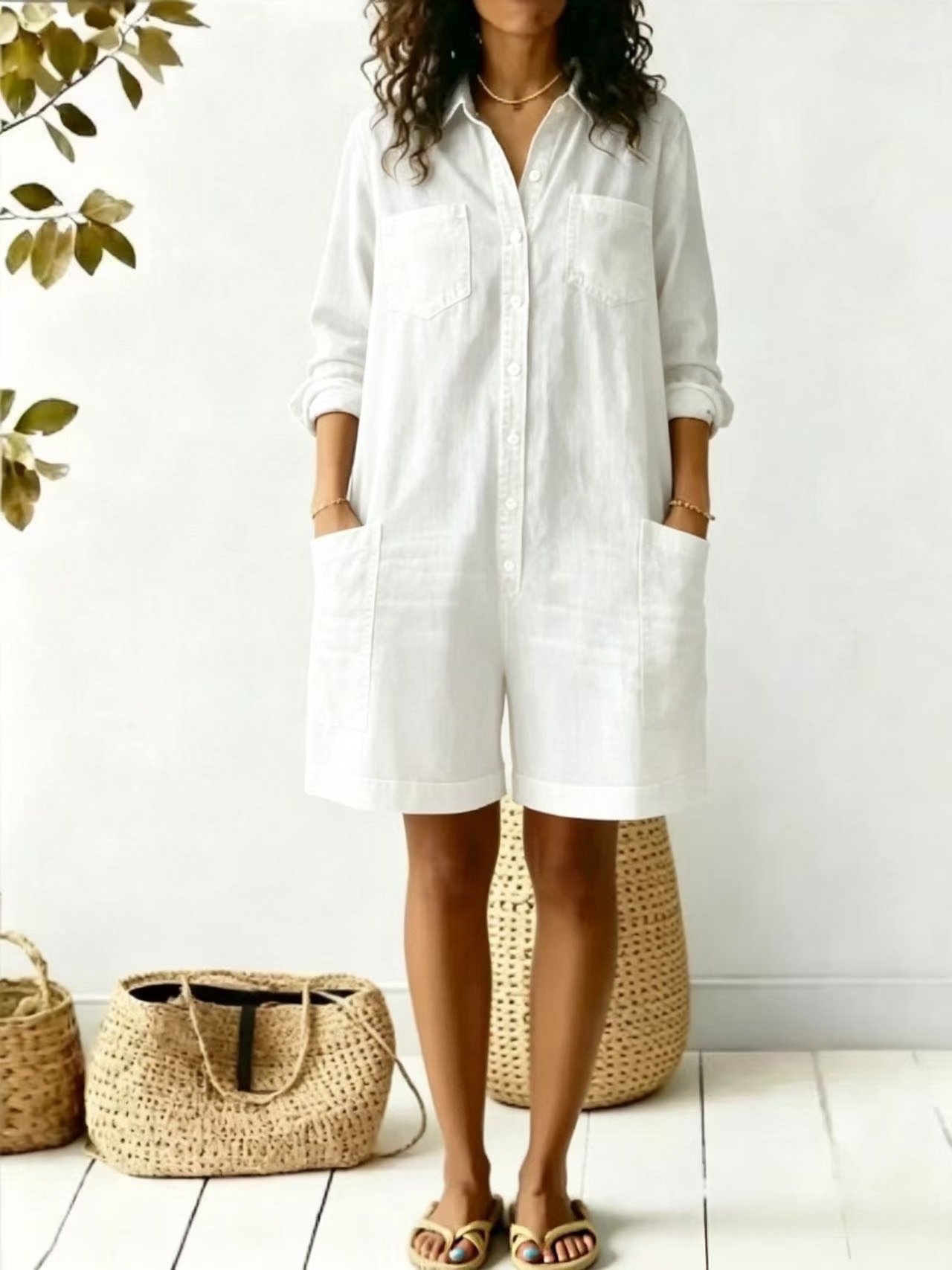 Women's Loose Faux Denim Romper Long Sleeve Casual Dress