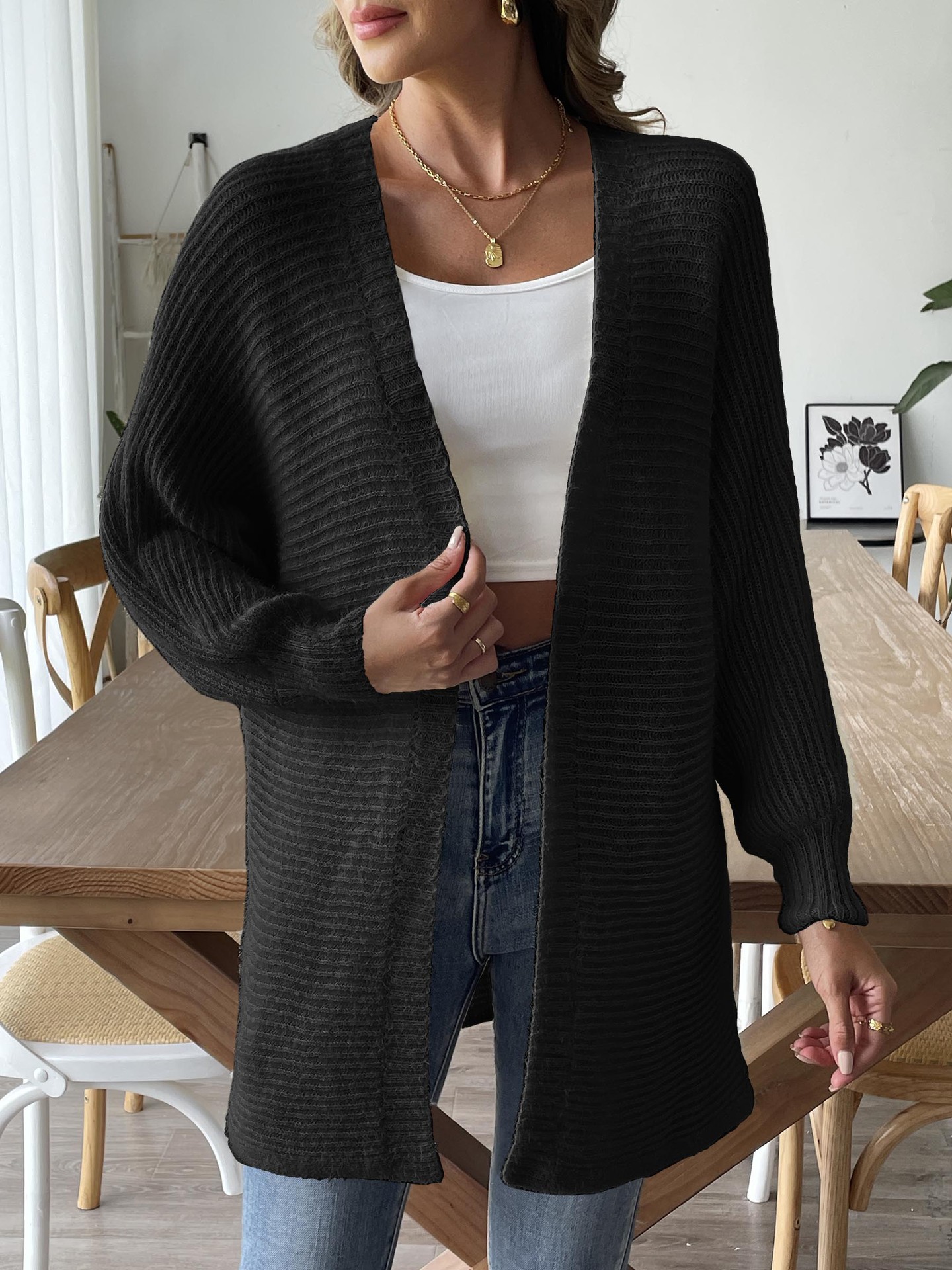 Faux Mink Open-Front Cardigan Long-Sleeve Knit Sweater Coat