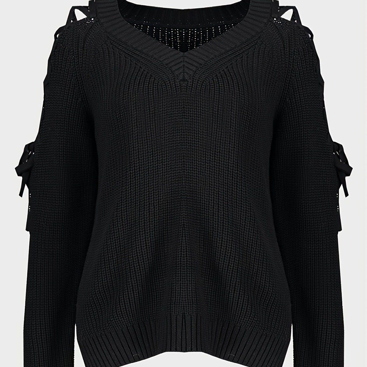 Women's Hollow-Out Knit Sweater V-Neck Lace-Up Long Sleeve Pullover