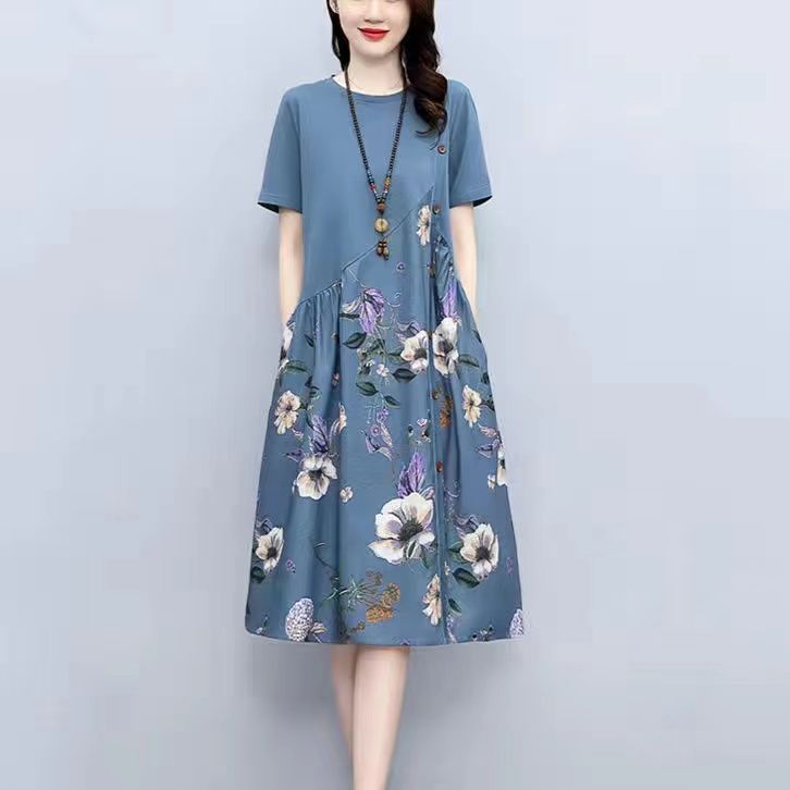 Women's Vintage Floral A-Line Dress Short Sleeve Loose Fit