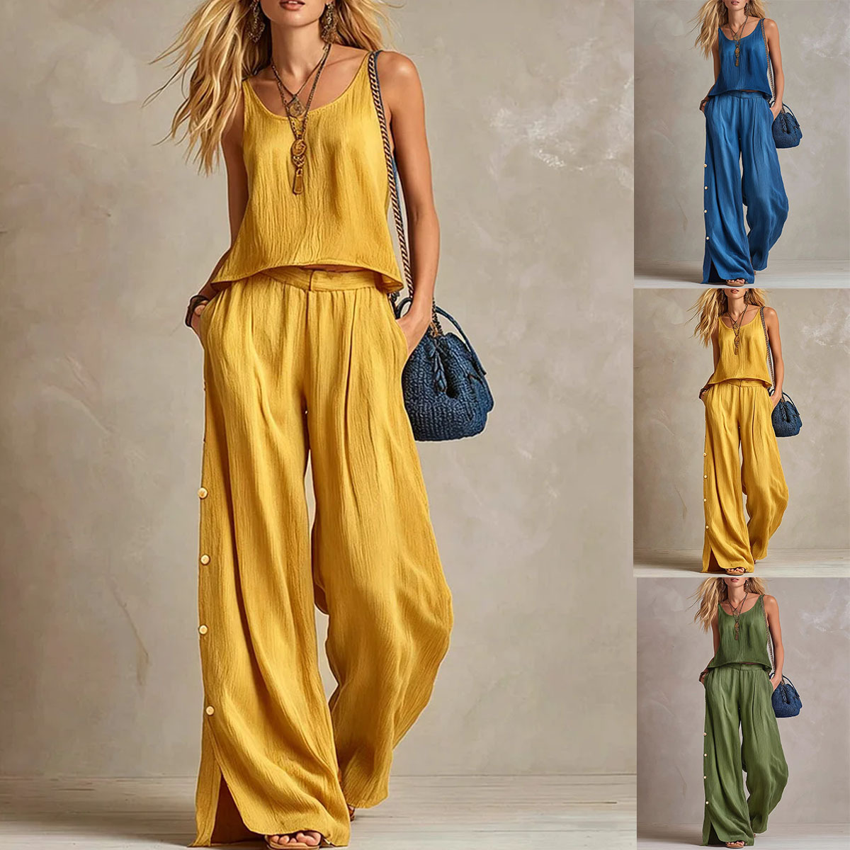 Women's Cotton Blend Sleeveless Top & Wide-Leg Pants Set