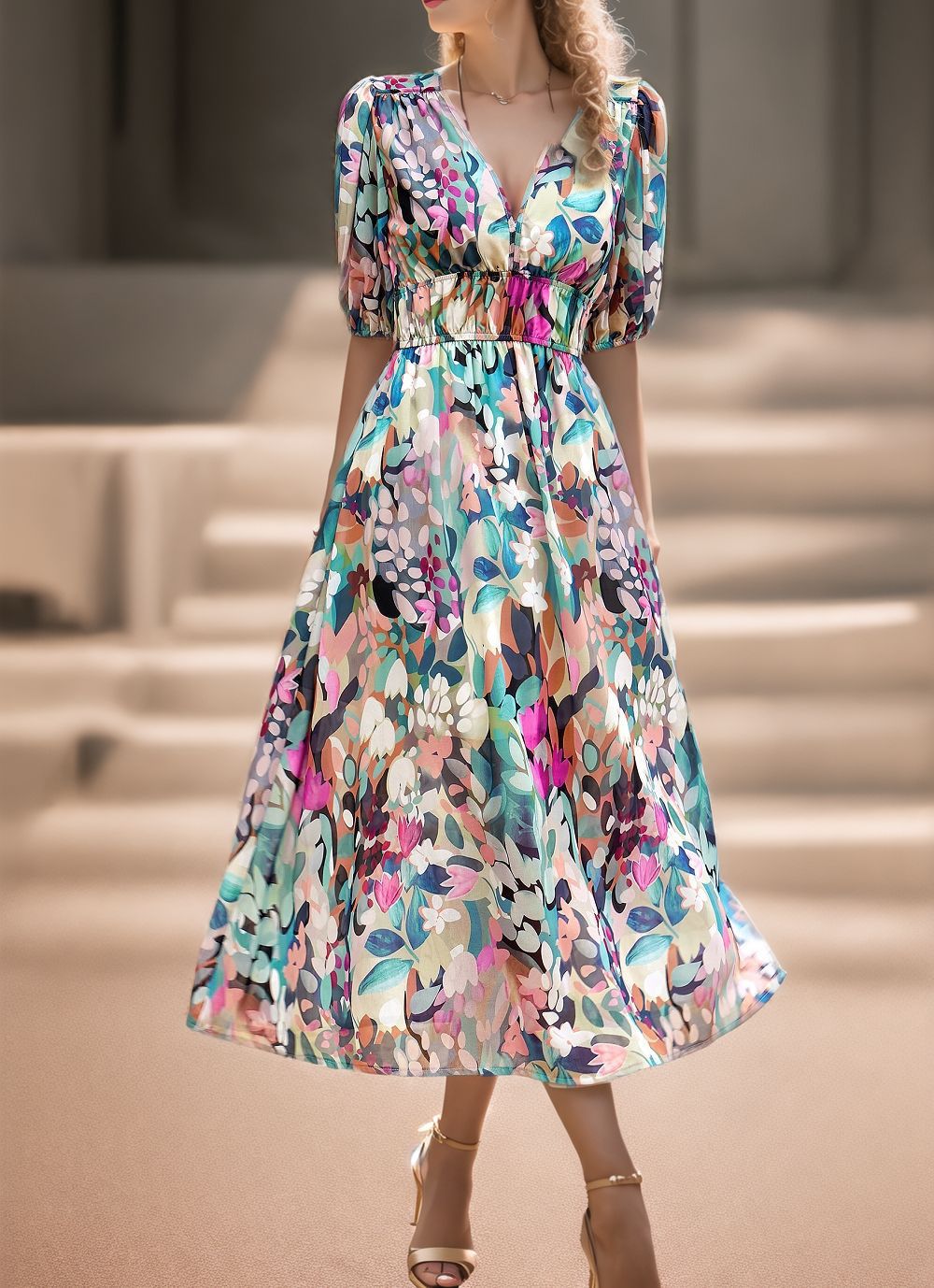 V-Neck Floral Print High-Waist A-Line Midi Dress