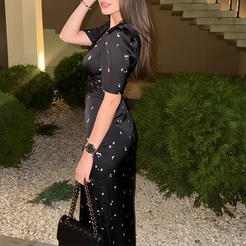 Women's Slim Fit Lace Trim Printed Dress