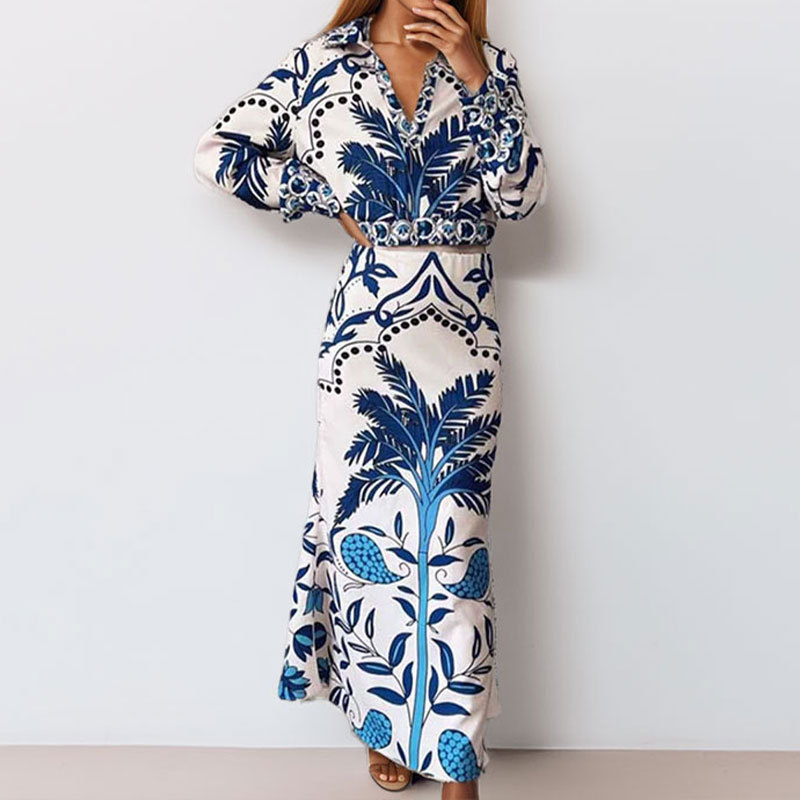 Women's Casual V-Neck Printed Long Dress Two-Piece Set