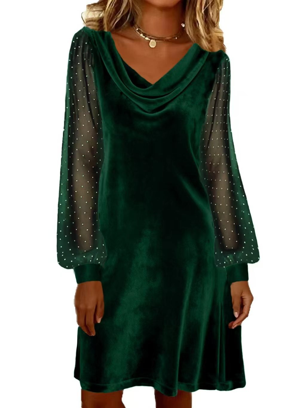 Women's Solid V-Neck Mesh A-Line Midi Dress with Sequin Detail